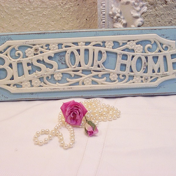 TAKE 50% OFF Vintage Wood Bless This Home Distressed Wall Decor Plaque Aqua