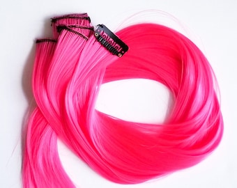 Hair extension clip in - Hot neon highlighter pink hair extension clip, 1 PC