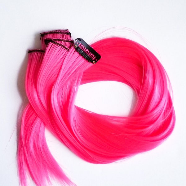 Hair extension clip in - Hot neon highlighter pink hair extension clip