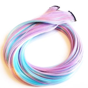 Unicorn hair extension clips cotton candy colors - Pastel blue, pink, purple, white mix