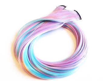 Unicorn hair extension clips cotton candy colors - Pastel blue, pink, purple, white mix