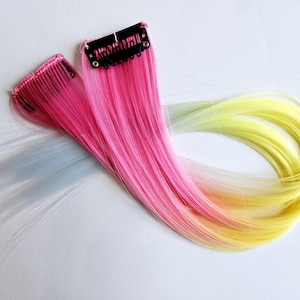 Rainbow pink yellow blue ombre hair extension clip in - 1 PC