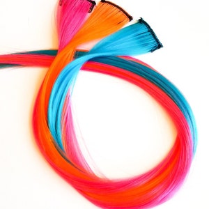 3 piece neon hair extension clips - Neon pink, neon orange, and neon blue