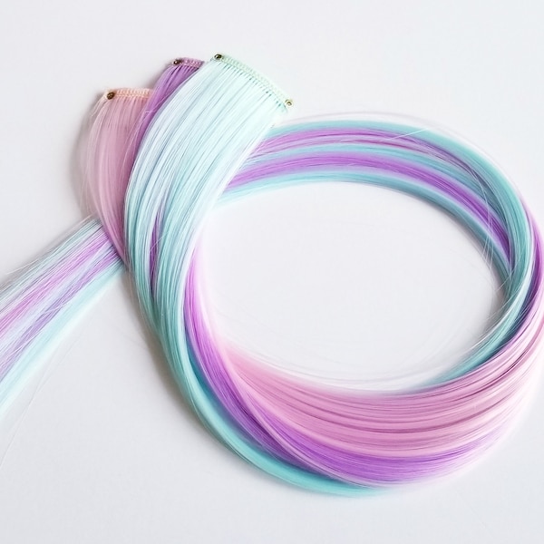 3 piece unicorn hair extension clips - Pastel blue, pastel purple, and pastel pink