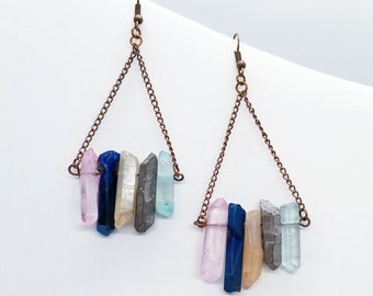 Quartz crystal stone statement drop dangle earrings with copper hardware