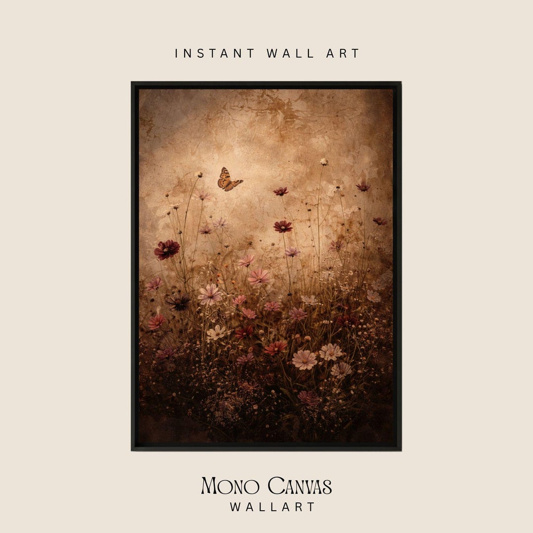 Moody Vintage Wildflower Wall Art Burgundy Floral Botanical Painting ...