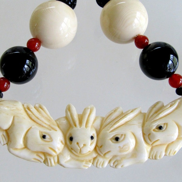 Carved Bone Rabbit Pendant Beaded Necklace, Carnelian, Black Carved Bone Beads, Black Onyx, Unique