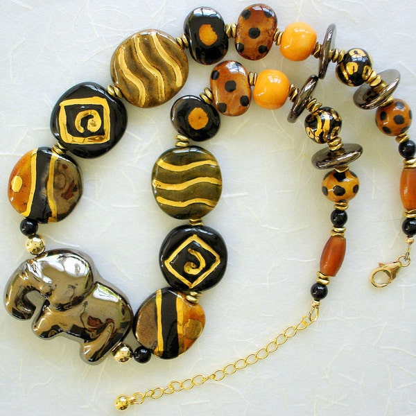 African Kazuri Elephant Beaded Necklace, Black, Gold, Animals, 14K Gold Filled, Fair Trade, Unique, Unusual