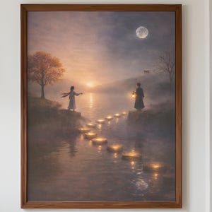 Japanese Wall Art, Floating Lights River Landscape, Cinematic Foggy Scene, Japandi Minimalist Decor