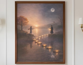 Arte murale giapponese, paesaggio fluviale con luci galleggianti, scena cinematografica nebbiosa, arredamento minimalista giapponese