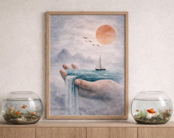 Stampa artistica murale surreale sull'oceano, cascata onirica a mano, barca a vela, sole rosso, paesaggio astratto minimalista, calma, decorazione murale moderna