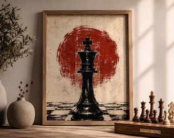 Quadro con re degli scacchi, stampa del re nero degli scacchi, poster strategico, opera d'arte con sole rosso, decorazione per sala giochi, decorazione per ufficio, decorazione minimalista a tema scacchi.