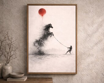 Quadro murale con cavallo in stile Japandi, stampa minimalista ed emozionale, sole rosso astratto, opera d'arte simbolica a inchiostro, decorazione Wabi Sabi, arte filosofica con animali.