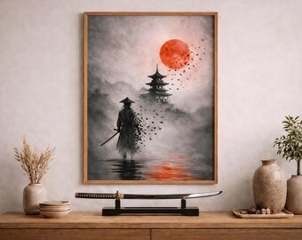 Quadro giapponese con samurai, stampa giapponese con sole rosso, decorazione Wabi Sabi, arte minimalista Zen, opera d'arte asiatica, decorazione con paesaggio nebbioso