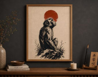 Arte murale con scimmie, stampa giapponese del sole, decorazione Japandi, poster minimalista di animali, stile linoleografia, decorazione murale neutra Wabi Sabi