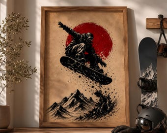 Stampa artistica da parete per snowboard, poster di snowboard, decorazioni per sport invernali, arte d'avventura in montagna, decorazioni per baita di montagna, regalo per snowboarder