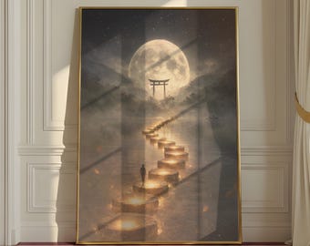 Stampa del Sentiero Lunare Japandi, Paesaggio con Porta Torii Zen, Arte murale Wabi Sabi minimalista