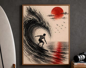Quadro con onde giapponesi, stampa di surfisti, poster con oceano e sole rosso, arredamento zen minimalista, arte sumi-e, arte del surf, arredamento per casa al mare