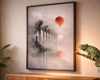 Arte murale astratta architettonica giapponese, paesaggio con sole rosso, rovine minimaliste nella nebbia, decorazione murale moderna e neutra, soggiorno, camera da letto