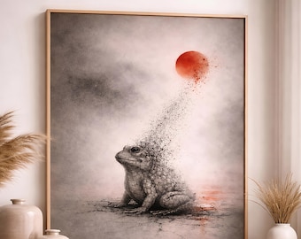 Quadro con rana, stampa di rana che si dissolve, arte murale giapponese, decorazione Wabi Sabi, opera d'arte Sole Rosso, arte filosofica, decorazione murale Zen