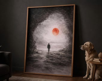 Quadro da parete minimalista giapponese con grotta del sole rosso, poster con figura solitaria, paesaggio astratto e suggestivo, stampa su tela moderna.