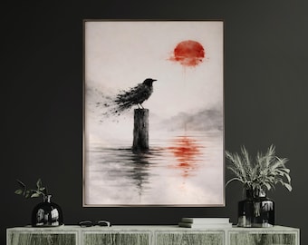 Quadro da parete con corvo in stile giapponese, stampa minimalista Wabi Sabi con corvo, poster con sole rosso, pittura a inchiostro giapponese, paesaggio nebbioso, arredamento zen scandinavo.
