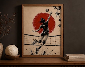 Quadro da parete a tema pallavolo, poster di pallavolo giapponese con il sole rosso, stampa di un'atleta femminile, decorazione sportiva, regalo per giocatrice di pallavolo, decorazione per la camera da letto o la palestra.