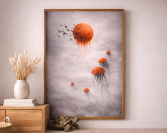 Quadro surreale con sole rosso, stampa di paesaggio nebbioso, astratto minimalista, cielo con meduse, uccelli, decorazione eterea e suggestiva, soggiorno, camera da letto