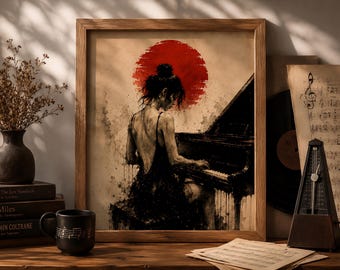 Quadro con pianoforte, stampa di pianista, decorazione per la stanza della musica, poster di donna che suona il pianoforte, arte murale di ispirazione giapponese, opera d'arte con sole rosso, regalo per gli amanti della musica