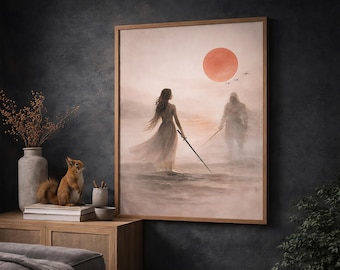 Arte murale giapponese, sole rosso, arte murale minimalista, poster beige neutro, paesaggio desertico, donna, spada samurai, decorazione murale nebbiosa