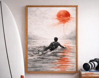 Quadro con sole rosso, arte murale minimalista, paesaggio malinconico, stampa giapponese, scena acquatica surreale, arredamento zen rilassante, poster astratto con figura solitaria
