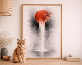Arte murale astratta minimalista con sole rosso, decorazione giapponese Wabi Sabi, Zen, neutra e moderna, per soggiorno e camera da letto.