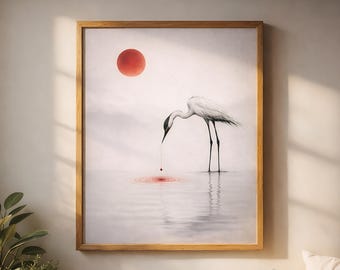 Stampa artistica giapponese con gru, arte minimalista con uccelli e sole rosso, decorazione murale zen, opera d'arte Wabi Sabi, decorazione neutra per soggiorno e camera da letto.