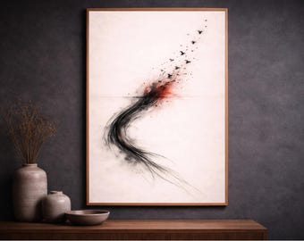 Trasformazione artistica da parete, stampa minimalista emozionale, rilascio astratto di uccelli, opera d'arte con inchiostro giapponese, arte simbolica della rinascita, poster Zen nero e rosso