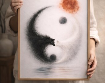 Quadro con volpe Yin Yang, decorazione giapponese Wabi Sabi, opera d'arte minimalista in stile Zen, stampa neutra di geometria sacra, decorazione per la meditazione in soggiorno.