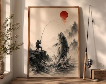 Quadro da parete con samurai giapponesi che pescano, stampa di pesci in stile giapponese, decorazione zen con pescatori, poster Sumi E Ocean, opera d'arte asiatica minimalista