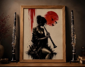 Stampa artistica da parete con clarinetto giapponese, opera d'arte di musicista giapponese, decorazione con gru del sole rosso, decorazione murale minimalista e suggestiva, arte Wabi Sabi