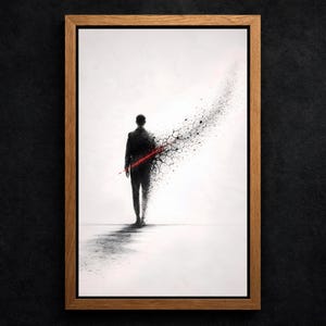May include: Framed artwork featuring a grayscale illustration of a person in a suit walking away. A red line extends from the person, with a portion of the figure dissolving into fragmented particles. The artwork is set against a white background.