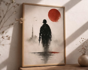 Opera d'arte giapponese raffigurante un soldato, arte murale minimalista con sole rosso, silhouette militare Wabi Sabi, paesaggio nebbioso, poster emozionante.