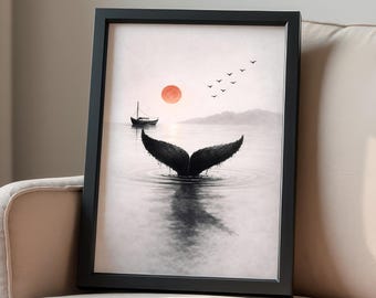 Decorazione murale a forma di coda di balena, stampa oceanica in stile giapponese, poster zen minimalista, arredamento Wabi Sabi, opera d'arte simbolica ed emozionale, decorazione murale neutra per soggiorno.