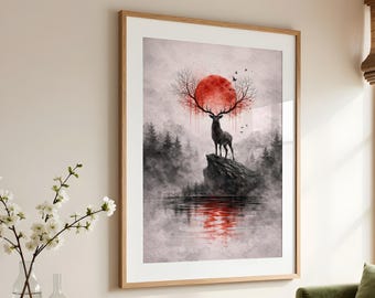 Stampa giapponese con cervo da parete, opera d'arte con cervo dal sole rosso, decorazione dark academia con foresta nebbiosa, arte murale gotica e malinconica, decorazione per soggiorno Wabi Sabi