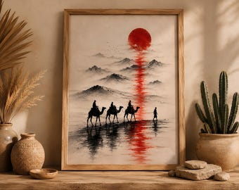 Stampa artistica minimalista del deserto, opera d'arte con carovana di cammelli, decorazione neutra giapponese, poster paesaggio con sole rosso, decorazione murale boho wabi-sabi