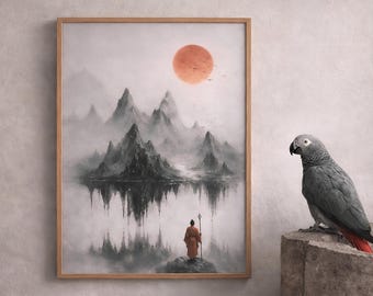 Quadro Zen Sole Rosso, Poster Montagna Nebbiosa, Monaco Minimalista, Paesaggio, Decorazione Spirituale, Stampa Tranquilla per Soggiorno
