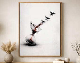 Quadro con clessidra, Stampa "Il tempo vola" con uccelli, Poster surreale minimalista, Decorazione in stile giapponese, Arte filosofica, Arte moderna neutra