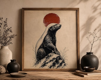 Stampa artistica da parete con tasso del miele, poster di animali in stile giapponese, decorazione minimalista con animali selvatici, opera d'arte zen neutra in stile vintage giapponese con sole, xilografia vintage.