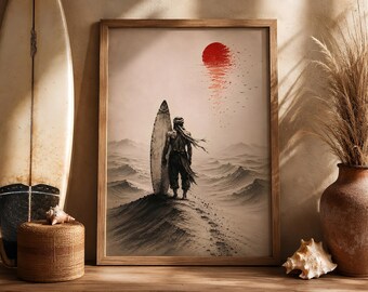 Quadro minimalista con surfista del deserto, poster giapponese con sole rosso, stampa paesaggistica Wabi Sabi neutra, arredamento moderno maschile