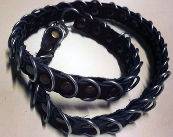 Wrap bracelet black+brown leather, bronze rivet and link