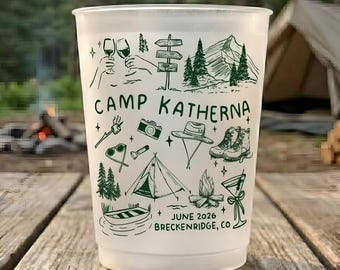 Camp Bachelorette Party Cups Personalized Camping Bach Weekend Cups Custom Frosted Plastic Cups Name Date Mountain Camp Decor