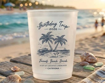 Personalized Beach Birthday Cup 2026 Custom Frosted Party Cups Tropical Palm Design Beach Trip Favors Friends Beach Drink Name Printed Cup