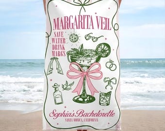 Bachelorette Party Beach Towel, Margarita Veil Custom Bride Gift, Personalized Bridal Shower Towel, Tropical Summer Bach Trip Decor